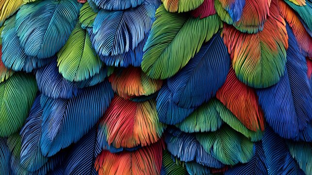 A vibrant display of colorful feathers in shades of blue, green, and orange, showcasing their intricate textures and patterns.