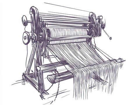 Illustration of a traditional wooden weaving loom, capturing its intricate mechanics and structure