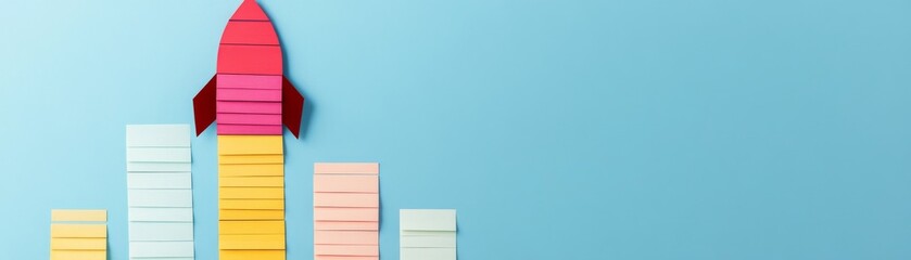 Minimalist flat lay Redpink paper rocket launching from a yellow sticky note bar, symbolizing business growth, startup success, innovation and upward market trend on blue. progress,