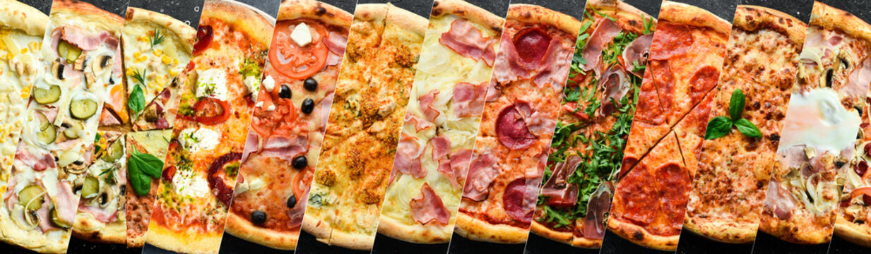 Pizza collection, large set of various pizzas. Italian cuisine. Photo collage.