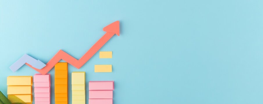 Minimalist flat lay Vibrant sticky note bar graph with an ascending coral arrow on blue, signifying financial progress and positive trends. Growth, Data