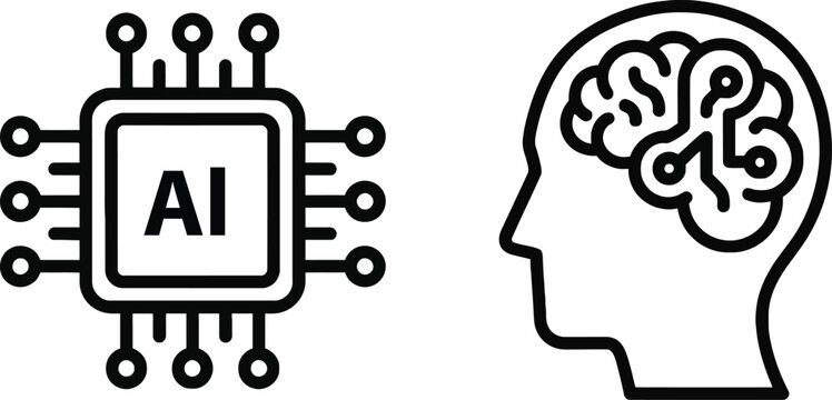 Artificial intelligence chip and human brain cognition icons with intelligence technology cognitive processor innovation computing automation hardware