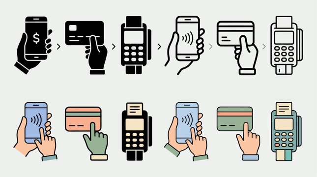  vector icons illustrating various cashless payment methods,