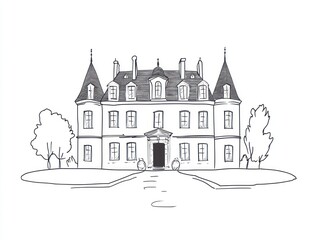 Fototapeta premium Elegant ink drawing depicting a classical European mansion, featuring multiple windows, towers, and trees