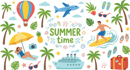 Obraz premium Summer time beach vacation doodle set with people surfing sunbathing cruise ship airplane and palm trees vector