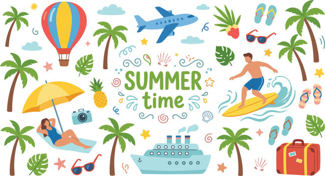 Summer time beach vacation doodle set with people surfing sunbathing cruise ship airplane and palm trees vector