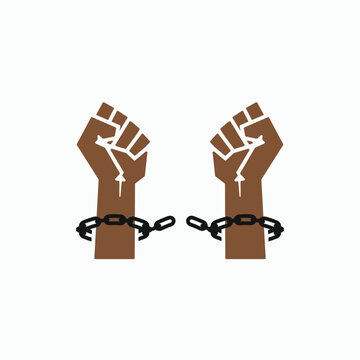 Brown fists grip chains, symbolizing strength and resistance. Hands defiantly rise, breaking chains with powerful gesture. Image conveys courage against oppression, unity, and fight