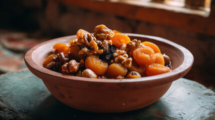 Fototapeta premium Dried apricots and walnuts in a rustic clay bowl, a healthy natural snack with nuts and dried fruits