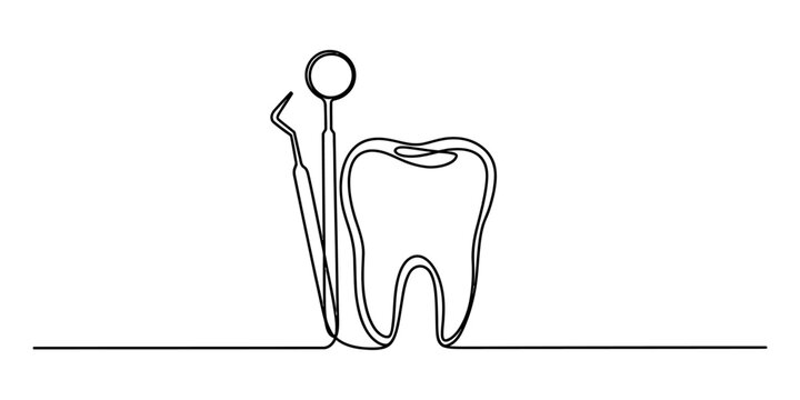 Continuous single line drawing of a human tooth with dental mirror and explorer tools for dentistry and oral health checkup concept