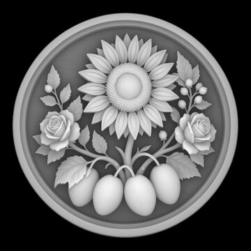 3D sculpture of a beautiful sunflower and roses bouquet in a round medallion shape, clay relief art style, isolated on black background
