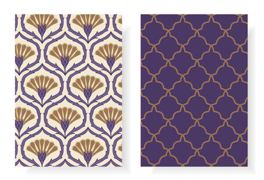 Set of two coordinating seamless patterns in purple and gold: Victorian thistle ogee on cream and geometric Moroccan trellis on dark background. Perfect for fabric, wallpaper, stationery, packaging.