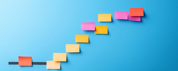 Fototapeta premium Multicolored sticky notes arranged diagonally upward from a dark baseline on a bright blue background, illustrating progress, growth and achieving milestones. Planning, Strategy