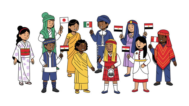 Multicultural Children Unite: A vibrant illustration depicting children from various cultural backgrounds, proudly holding their national flags and showcasing their traditional attire.