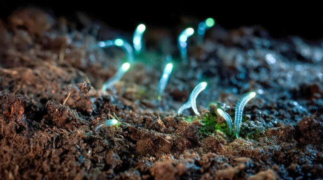 Glowing bioluminescent worms emerging from dark soil, macro shot of glowing larvae on the forest floor