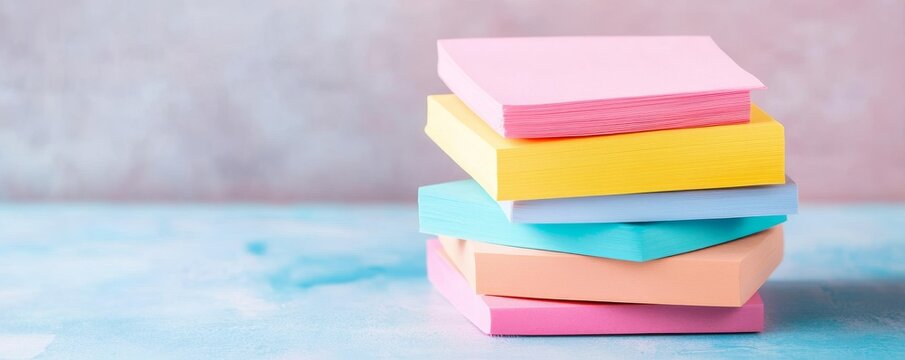 Off-center stack of six vibrant pastel sticky note pads on a textured background with copy space, symbolizing organization, ideas and creativity. ,Stationery, Productivity