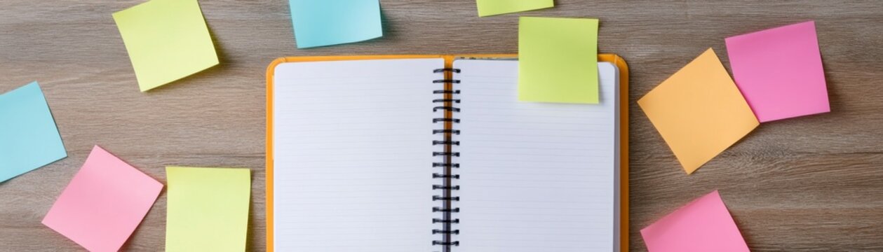 Organized chaos Blank spiral notebook, vibrant sticky notes scattered on wood. A clean flat lay for brainstorming, new ideas, planning and task management. ,Productivity, Workspace