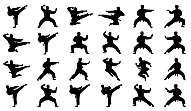 Karate and kung fu martial arts silhouette collection with action poses from multiple angles vector