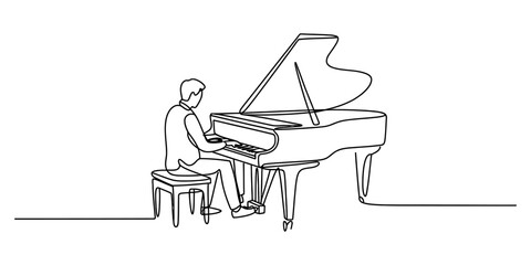 Continuous single line drawing of a man playing a grand piano © Kanu Art_Gallery