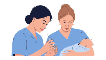 Obraz premium Medical Care for Infant: A healthcare professional prepares a syringe while another holds a swaddled infant, illustrating attentive medical care and well-being for newborns.