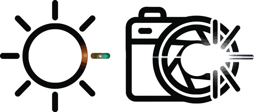 Sunlight and camera shutter aperture exposure photography icons with shutter speed photography aperture sunlight exposure technique technical settings