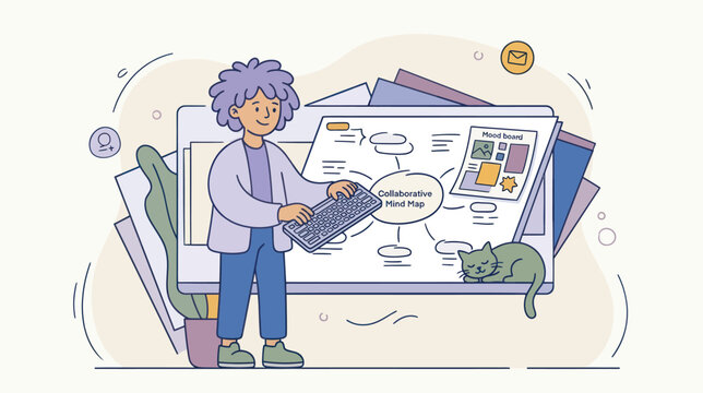 Young person creating a collaborative mind map on a computer while a cat rests nearby and inspiration flows