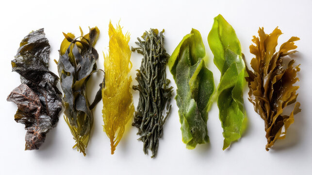 Various types of seaweed on white background, collection of seaweed, marine plants and natural marine flora