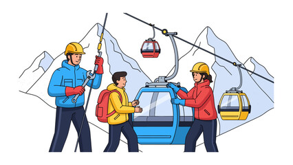 Ski Resort Gondola Station: A family waits at a gondola station in the mountains, preparing for a ski trip with ski lifts in the background. © Ajhar234