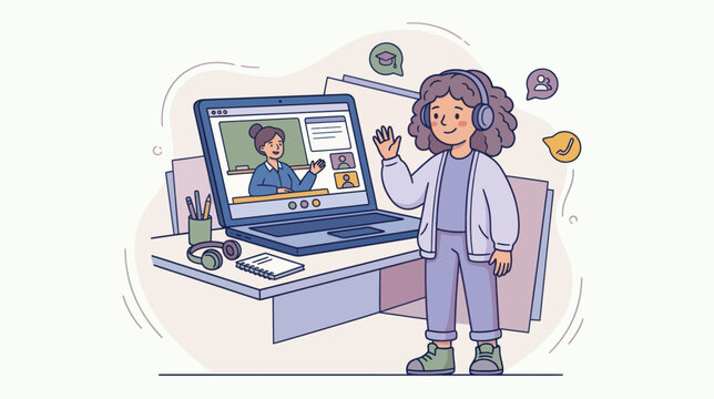 Young student with headphones learning online while teacher waves from a laptop screen during remote class
