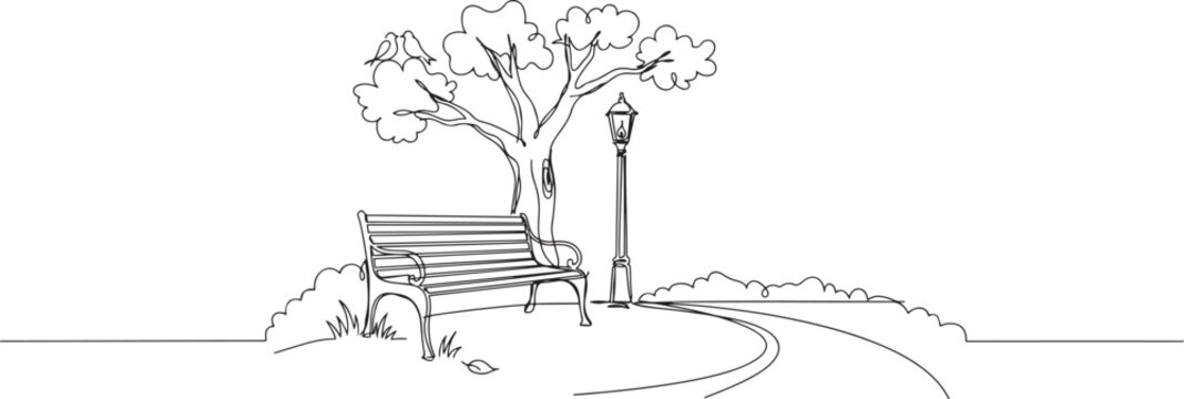 Bench in park near tree and lantern, Single line draw design vector