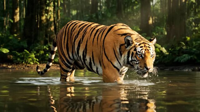 A regal tiger, its gaze fixed, walks gracefully through a tranquil waterway