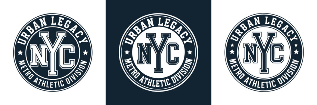 Three circular vintage athletic emblems featuring urban legacy nyc text