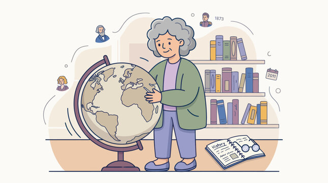 Elderly woman explores history with a globe and books while learning about famous figures
