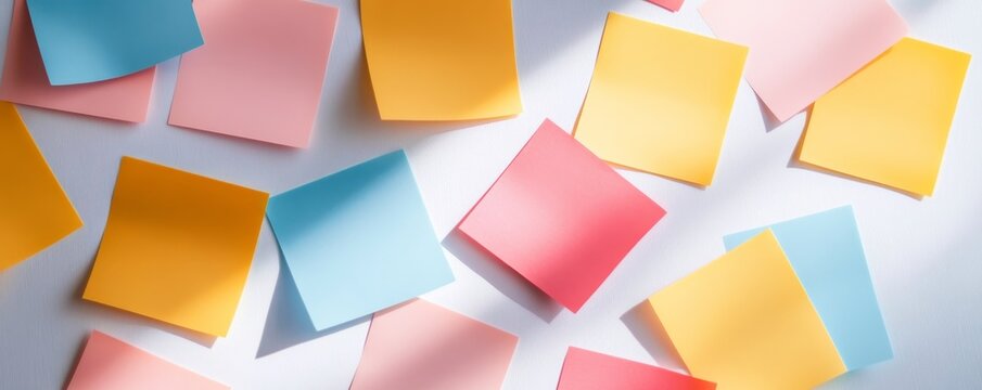 Scattered Pastel Sticky Notes Flat Lay on White with Sunlight Shadows. Visualizing Brainstorming, Ideas and Productivity for Task Management. Memo, Planning