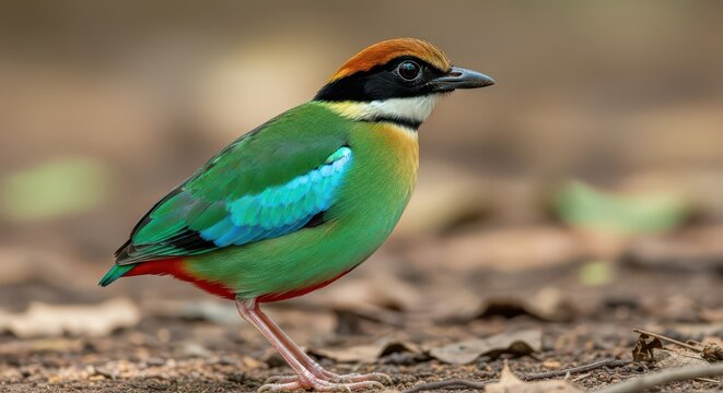 Vibrant Fairy Pitta (Pitta nympha) Standing on the Forest Floor - Rare and Colorful Migratory Bird in its Natural Habitat