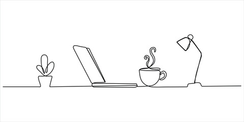 Workspace with laptop coffee and lamp continuous line art vector illustration minimalist productivity and creativity concept © Dosoroth Chandra