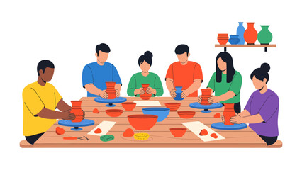 Creative Pottery Class: A group of diverse adults engage in a pottery workshop, hands-on shaping clay on pottery wheels, a scene of shared creativity and artistic endeavor. © Mohiuddin123