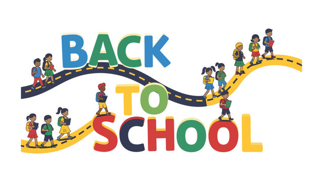Back to School Journey: A vibrant illustration depicts diverse children with backpacks embarking on their journey to school, symbolizing new beginnings and the excitement of learning.