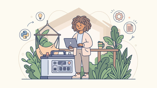 Woman coding outdoors with laptop and portable power station while surrounded by plants and symbols of innovation