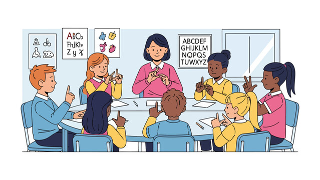 Sign Language Class: A teacher instructs a diverse group of young students in the art of sign language, fostering communication and inclusivity within a bright classroom setting.