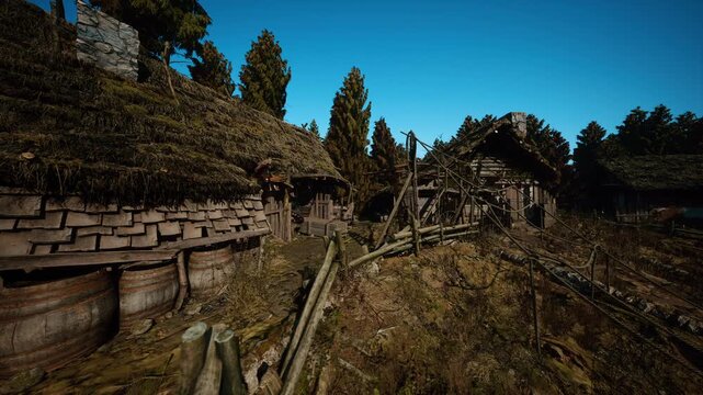 panoramic hilltop settlement under clear blue sky with clustered rooftops, winding slope and pine ridge, staged like cinematic film location on ridge
