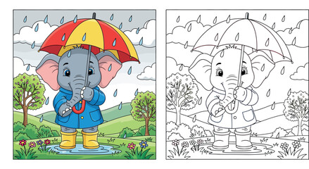 Naklejka premium Adorable Baby Elephant with Umbrella and Raincoat in Puddle - Cute Rainy Day Cartoon Illustration