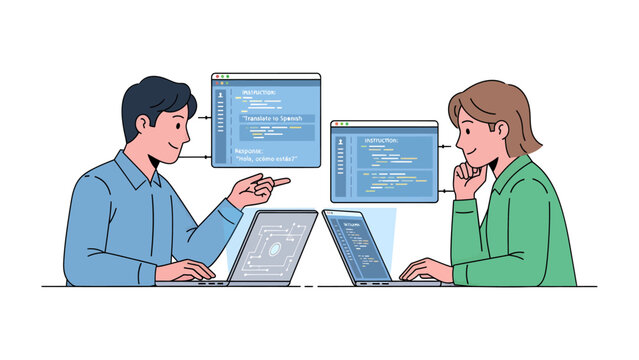 Coding Collaboration: Two developers, a man and a woman, work together on a software project, with code displayed on their screens and laptops, highlighting teamwork in technology.
