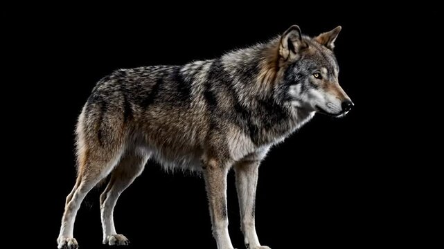 A regal wolf stands confidently against a black backdrop, direct gaze