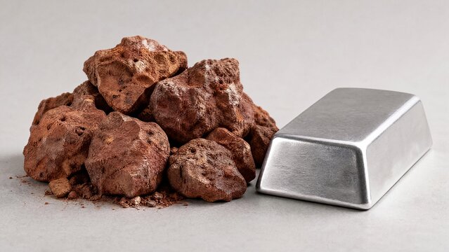 A pile of reddish-brown bauxite ore next to a polished silver aluminum ingot.