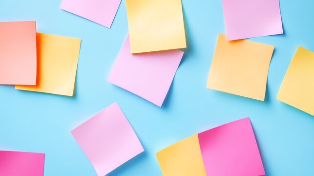 Top-down view of blank, vibrant sticky notes (pink, yellow, orange) scattered on a bright blue background, perfect for ideas, planning and reminders. Brainstorming, Productivity