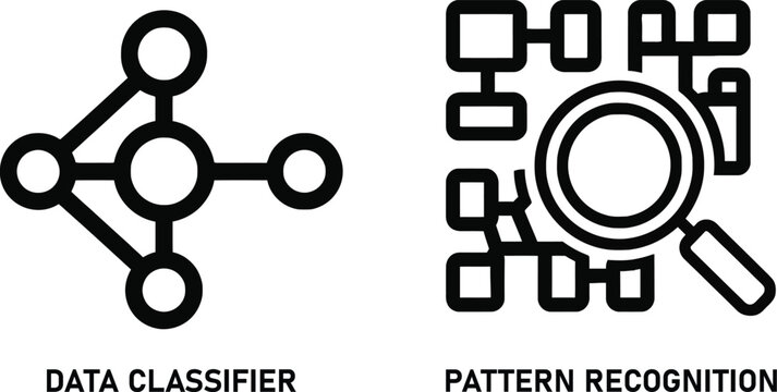 Data classifier and pattern recognition technology icons with classifier recognition technology analysis learning artificial intelligence magnifying