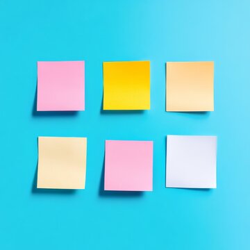 Vibrant 2x3 grid of blank pink, yellow and white sticky notes on a bright blue background, perfect for memos, reminders and creative ideas., Organization, Productivity