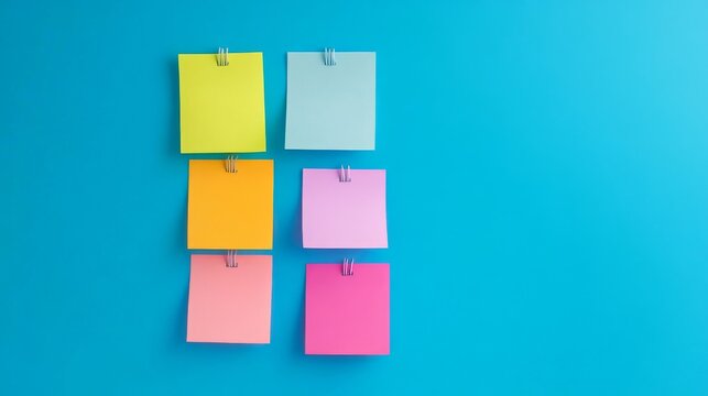 Vibrant 2x3 grid of six blank sticky notes (yellow, blue, orange, lilac, pink, fuchsia) held by clips on a bright cyan wall, leaving ample copy space. Ideal for tasks