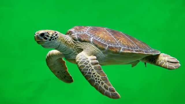 A sea turtle swims elegantly, its shell detailed against a vibrant green backdrop