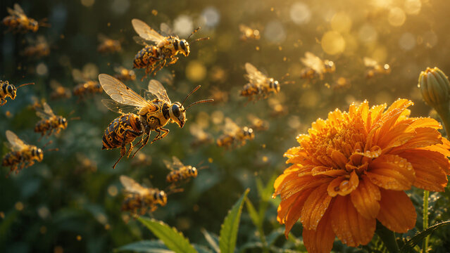 Swarm of Honey Bees Flying Around Orange Flower in Golden Light